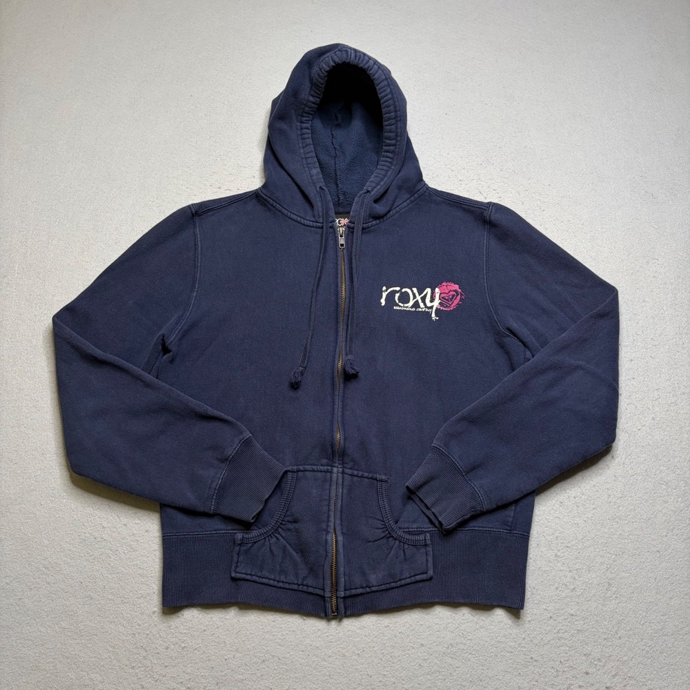 Roxy Hoodie Women XL Navy Blue Zip Up Boardriding‎ Company Y2K Fleece Sweatshirt